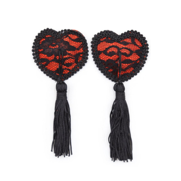 Paire de cache tétons adhésifs en forme de cœur avec dentelle noire et pompom 